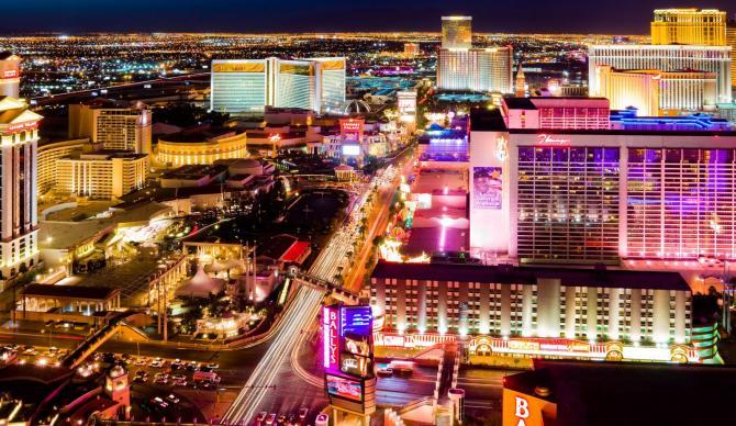 View of the Las Vegas strip at night, Las Vegas Nevada CME CLE CE destination. 