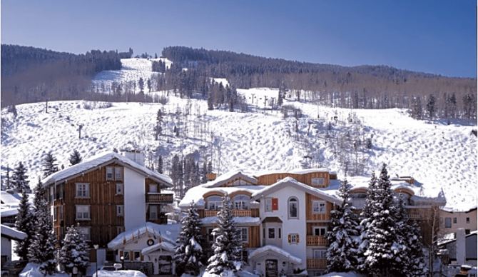 Snowy front of The Christiania in Vail Colorado