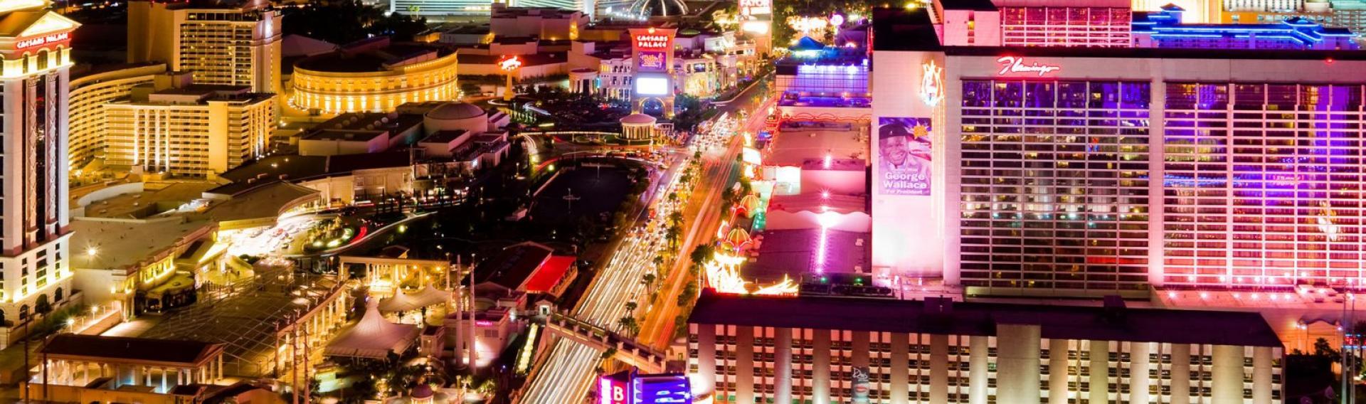 View of the Las Vegas strip at night, Las Vegas Nevada CME CLE CE destination. 