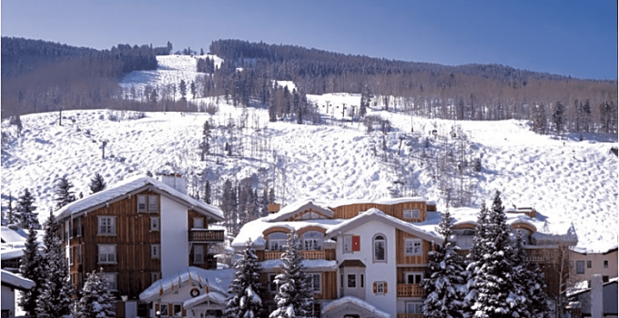 Snowy front of The Christiania in Vail Colorado
